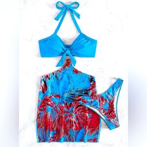(New) Tropical Print Knot Front Halter Bikini
Swimsuit With Beach Skirt